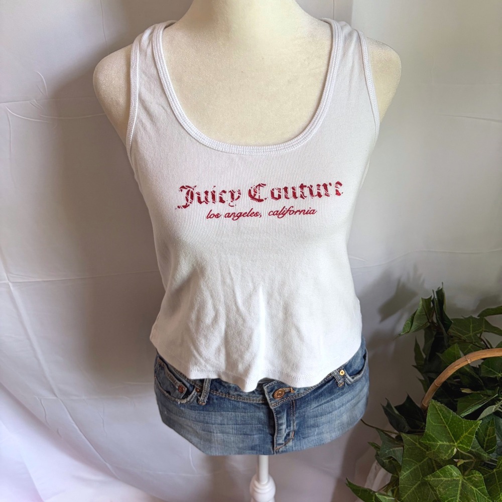 Juicy Couture‎ White Ribbed Graphic Tank Top Logo Scoop Neck Y2K Large